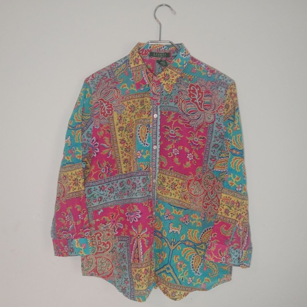 Vintage 90’s Ralph Lauren Patchwork Button Down Shirt Pink Blue Yellow Womens XL